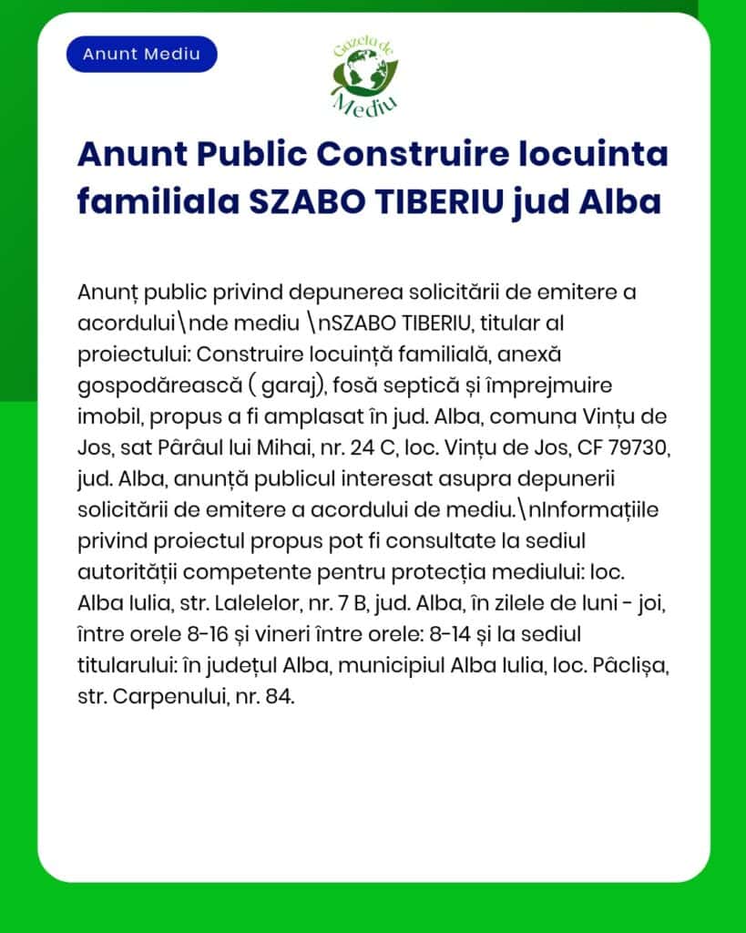 Anunț privind solicitarea acordului de mediu pentru construirea casei de familie și garaj în Vișeu de Jos, Alba, Szabo Tiberiu.