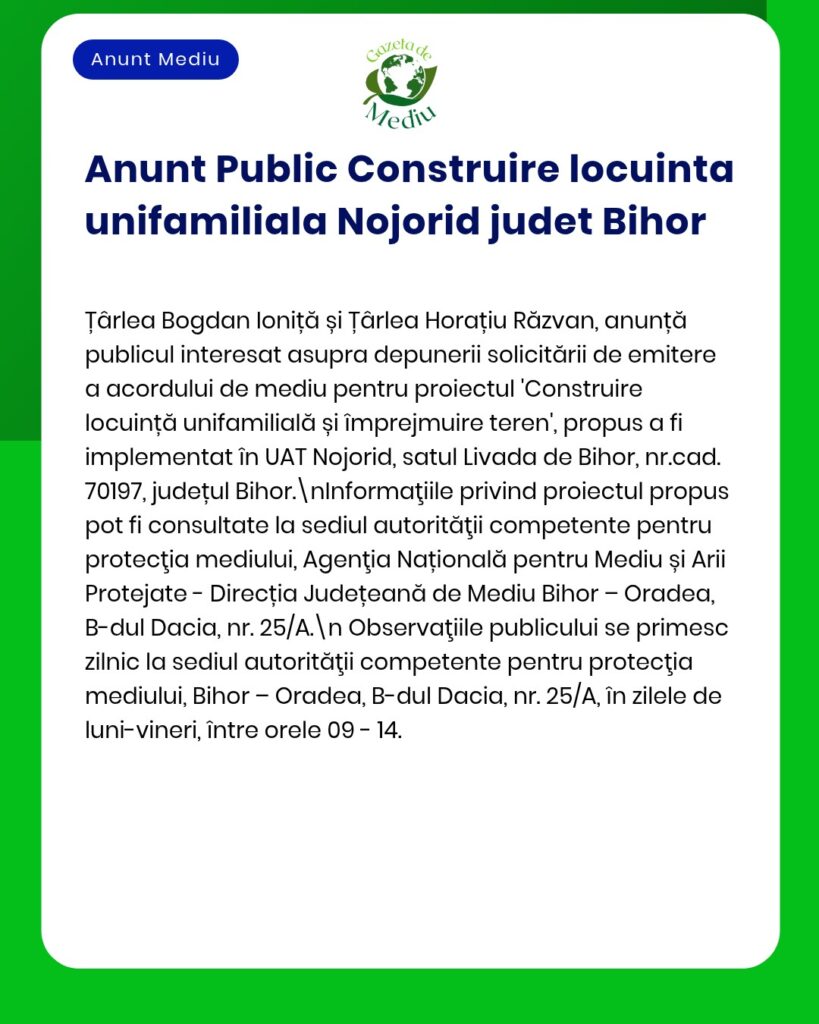 Anunț privind un proiect de construire a unor locuințe accesibile în județul Bihor, cu detalii și locația specificate.