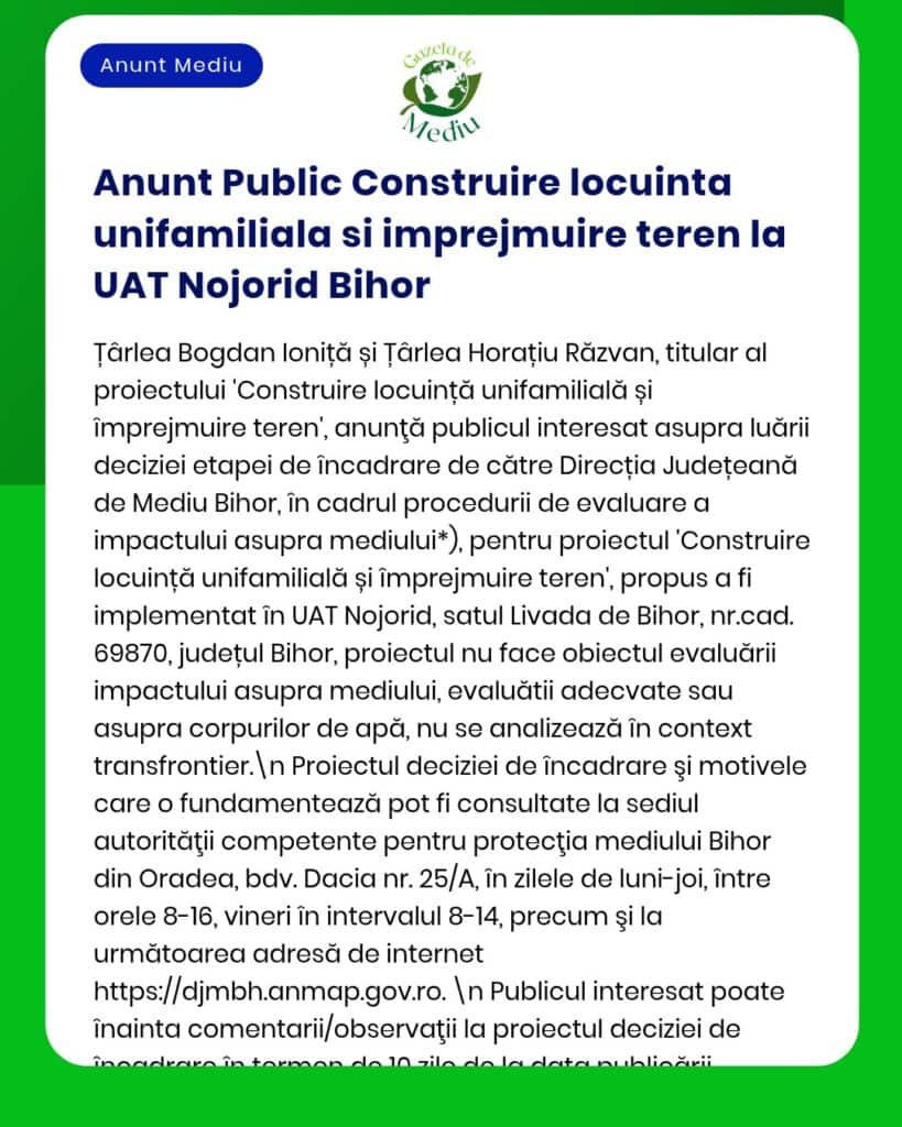Anunț privind construirea de locuințe individuale și a infrastructurii aferente pe terenul UAT Nojorid, județul Bihor.