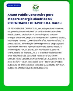 Anunț privind construirea unui parc de încărcare pentru mașini electrice în Buzău.
