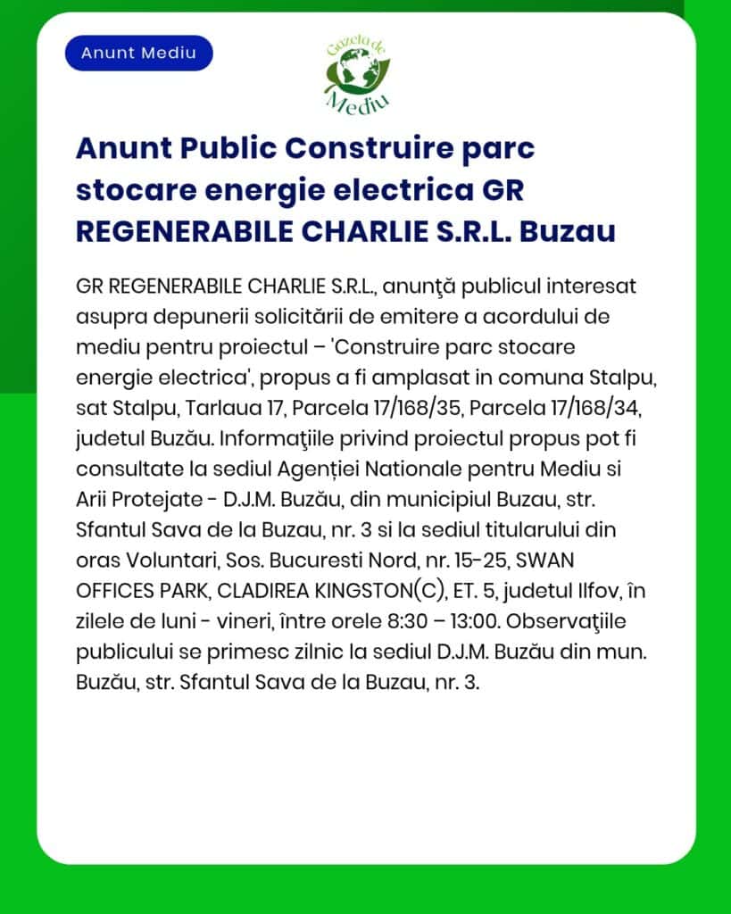 Anunț privind construirea unui parc de încărcare pentru mașini electrice în Buzău.