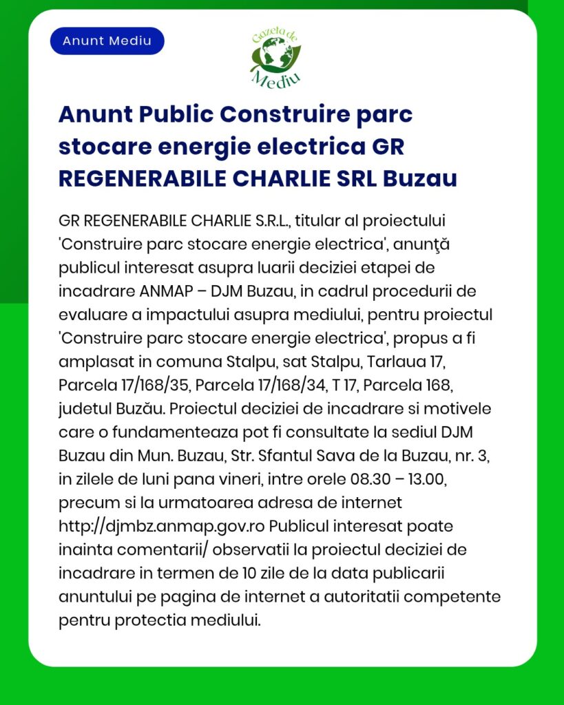 Construirea unui parc de stocare a energiei electrice în Stâlpu, județul Buzău; sunt menționate parcelele vizate.