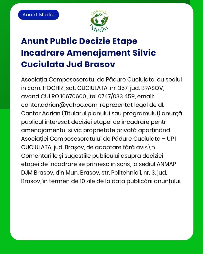 Asociația Proprietarilor de Păduri anunță o decizie privind administrarea terenurilor forestiere din Cuciulata, Brașov.