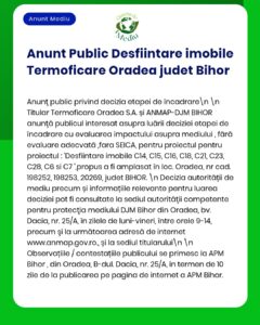 Anunț privind demolarea unor imobile de către Termoficare Oradea S.A. în județul Bihor, cu numere de referință și detalii privind locația.