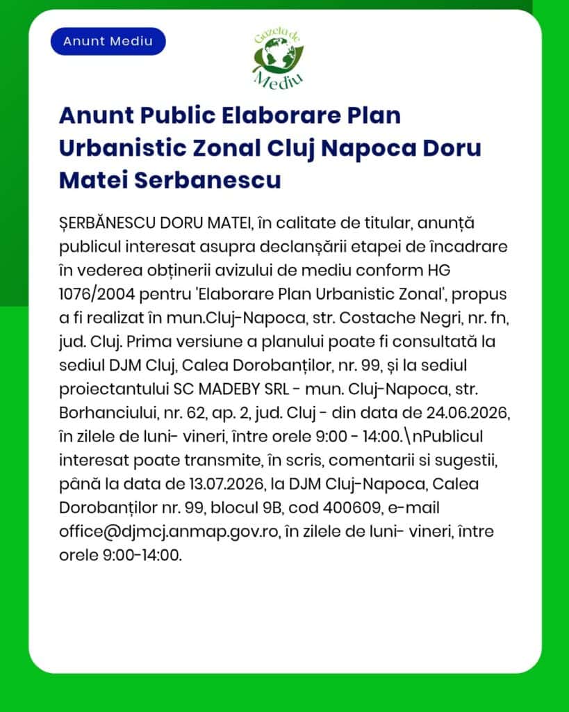 Anunț privind elaborarea Planului urbanistic în Cluj-Napoca, cu detalii despre proiect.