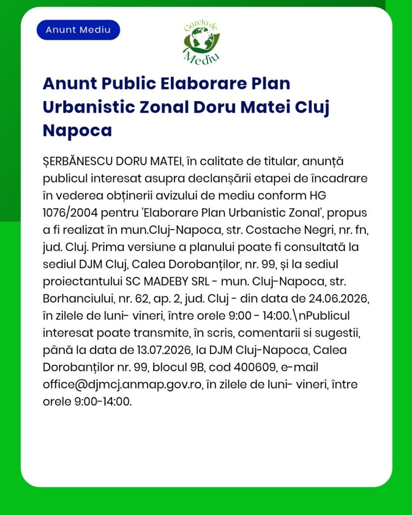 Anunț informativ privind Planul urbanistic al orașului Cluj-Napoca.
