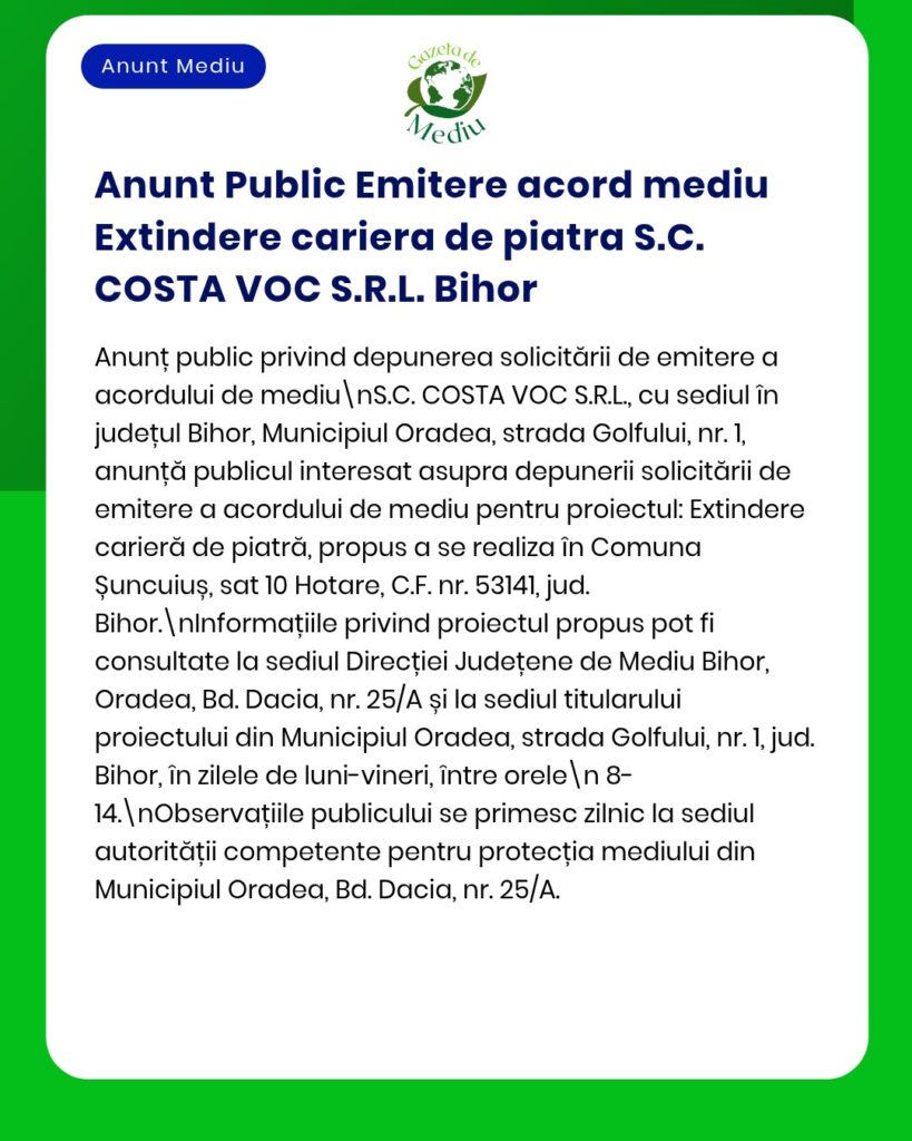 Anunț privind eliberarea autorizației de mediu pentru proiectul de extindere a carierei de pietriș al societății COSTA VOC S.R.L. Bihor din Oradea.