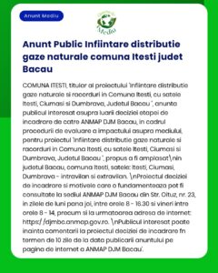 Distribuția gazelor naturale în comuna Itesti, județul Bacău, cu detalii privind proiectul și implicarea ANMAP DJM Bacău.