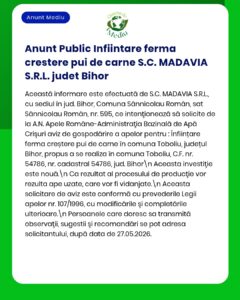 Anunț privind înființarea fermei S.C. MADAVIA S.R.L. în județul Bihor, cu informații legale și procedurale.