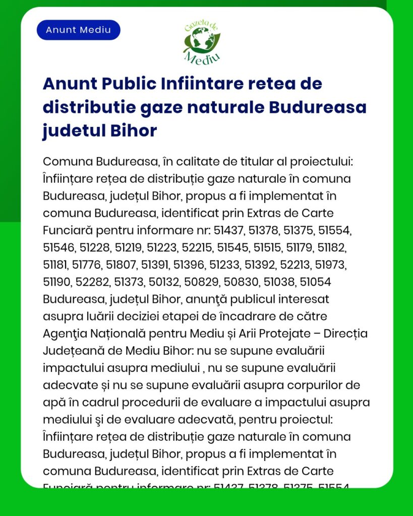 Poster informativ despre rețeaua de distribuție gaze naturale în Budureasa, Bihor, cu numere de parcele incluse.