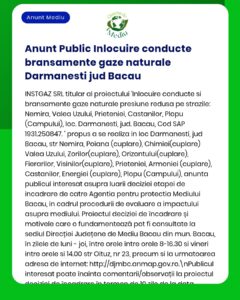 Anunț privind înlocuirea conductelor de distribuție gaze naturale în mai multe cartiere din Bacău, cu străzi și detalii tehnice.