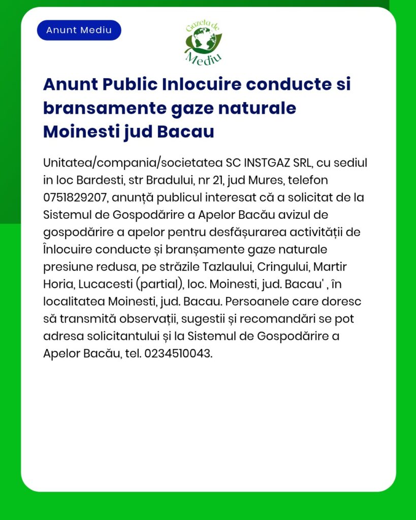 Anunț privind înlocuirea conductelor de gaze naturale în Moinești, județul Bacău, cu lista străzilor afectate.