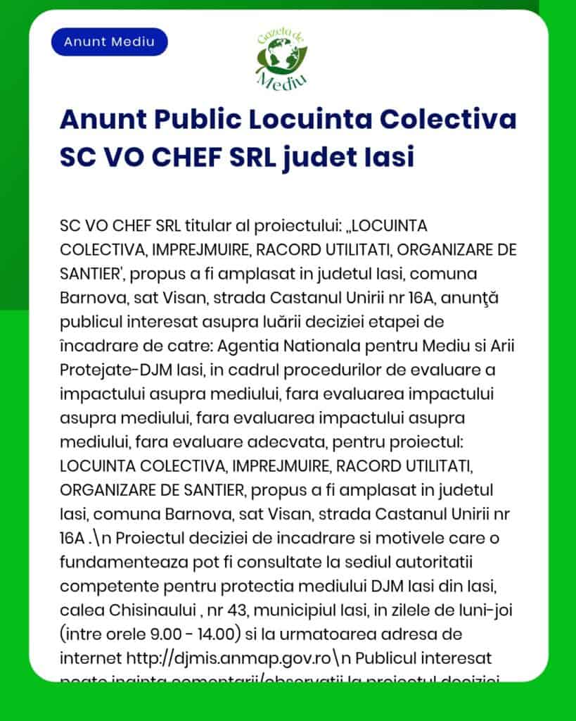 Anunț evaluare impact de mediu pentru un proiect utilitar în satul Bârnova, județul Iași, cu detalii despre APM și proceduri.