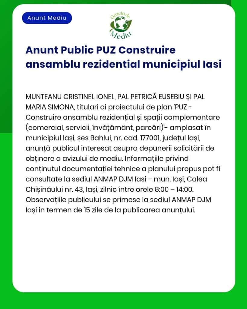 Anunț lansare publică plan urbanistic pentru complex rezidențial în Iași, cu informații despre accesarea documentelor.