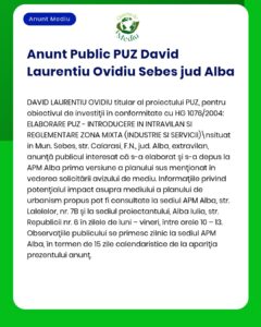 Anunț despre planul urbanistic zonal pentru David Laurenti Ovidiu în Sebeș, județul Alba.