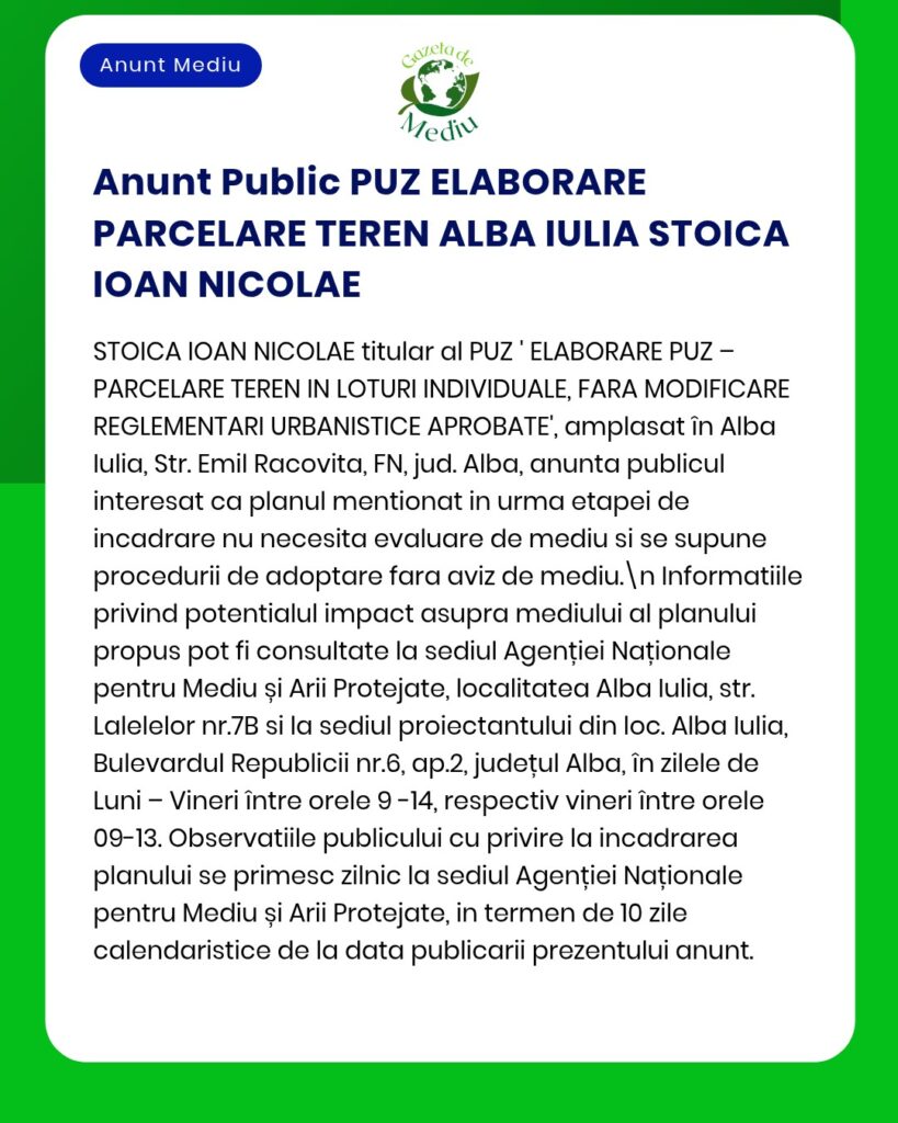Anunț PUZ Alba Iulia Stoica Ioan Nicolae, privind etapele urbanistice pentru loturi individuale de case în Alba Iulia.