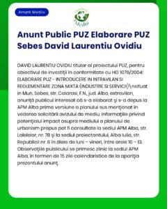 Anunț privind elaborarea unui PUZ cu funcțiuni mixte în Sebeș de către David Laurentiu Ovidiu.
