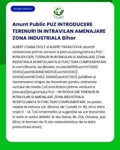 Anunț privind introducerea zonelor industriale în Bihor urban, România, cu numere de referință și pași procedurali.