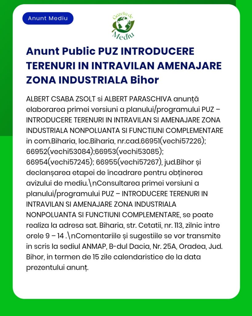 Anunț privind introducerea zonelor industriale în Bihor urban, România, cu numere de referință și pași procedurali.