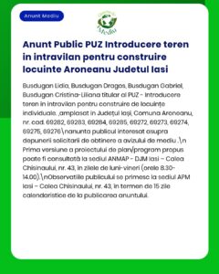 Anunț privind includerea terenului în zona urbană pentru construcția de locuințe în Aroneanu, județul Iași, cu detalii despre parcele.