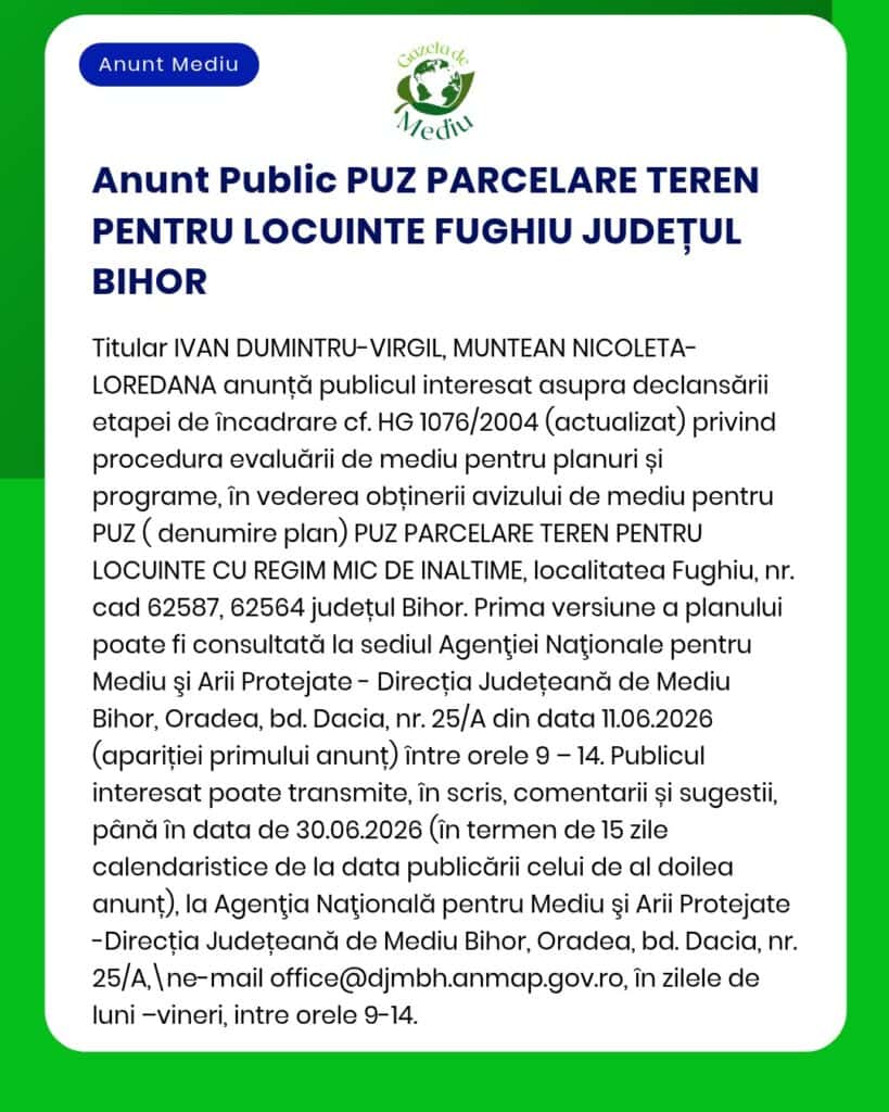 Anunț privind procedura de evaluare de mediu pentru un plan urbanistic în Fughiu, județul Bihor, realizată de APM.