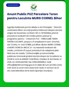 Anunț privind PUZ Parcelae Teren pentru CORNEL Bihor, cu detalii despre decizia de amenajare a terenului.