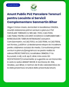 Anunț privind planul urbanistic zonal pentru locuințe și servicii complementare în Sanmartin, județul Bihor, cu codurile parcelelor.