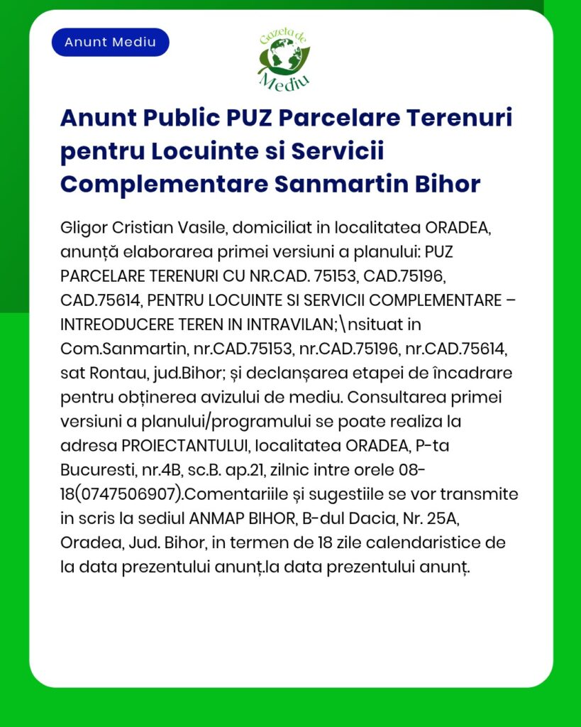 Anunț privind planul urbanistic zonal pentru locuințe și servicii complementare în Sanmartin, județul Bihor, cu codurile parcelelor.