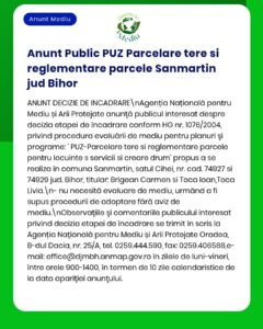 Anunț privind procesul de evaluare a planului de urbanism pentru Sânmartin, Bihor, emis de APM.