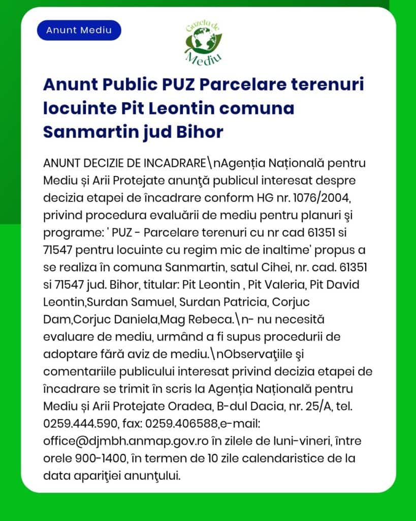 Planuri de urbanism pentru loturi rezidențiale în Pit Leontin, comuna Samartin, județul Bihor; sunt menționate parcelele afectate.