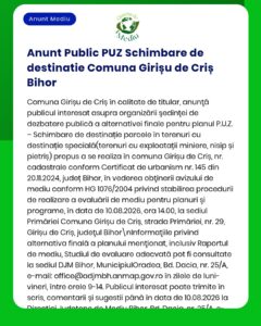 Anunț privind modificarea planului urbanistic pentru un teren cu destinație specială din Girișu de Criș, județul Bihor. Include date și referințe legale.