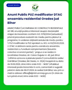 Anunț privind etapa de evaluare a impactului asupra mediului pentru proiectul ansamblului rezidențial din Oradea, județul Bihor, emis de APM.