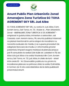 Anunț privind un acord de zonare pentru turism în Jud. Alba, cu informații despre proiect.