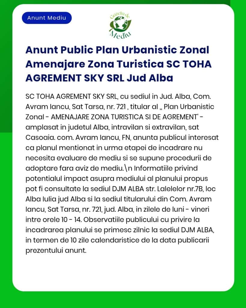 Anunț privind un acord de zonare pentru turism în Jud. Alba, cu informații despre proiect.