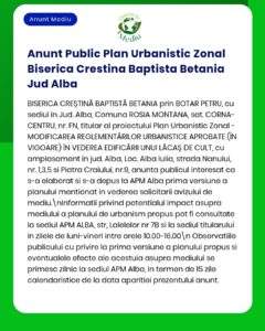 Anunț privind un Plan Urbanistic Zonal propus la Alba Iulia, detaliind proiectul și întâlnirea programată.