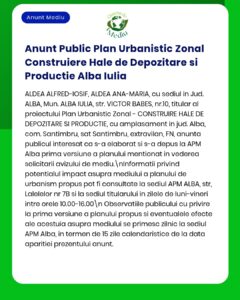 Plan urbanistic pentru hale de depozitare și producție în Alba Iulia, cu menționarea etapelor procedurale și a amplasamentului.