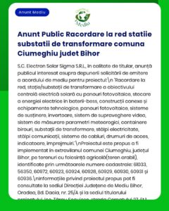 Anunț privind racordarea la rețea a unei centrale fotovoltaice din Ciumeghiu, județul Bihor, cu detalii despre proiect.