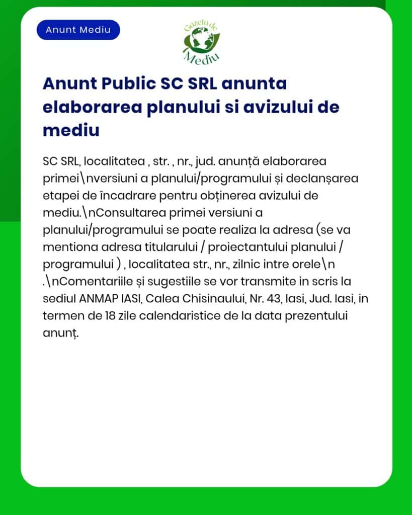 Anunț privind planul de mediu al unei companii, publicat de APM.