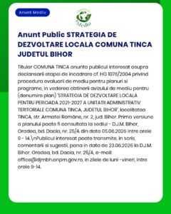 Strategie de dezvoltare locală pentru comuna Tinca, județul Bihor, cu detalii despre plan.