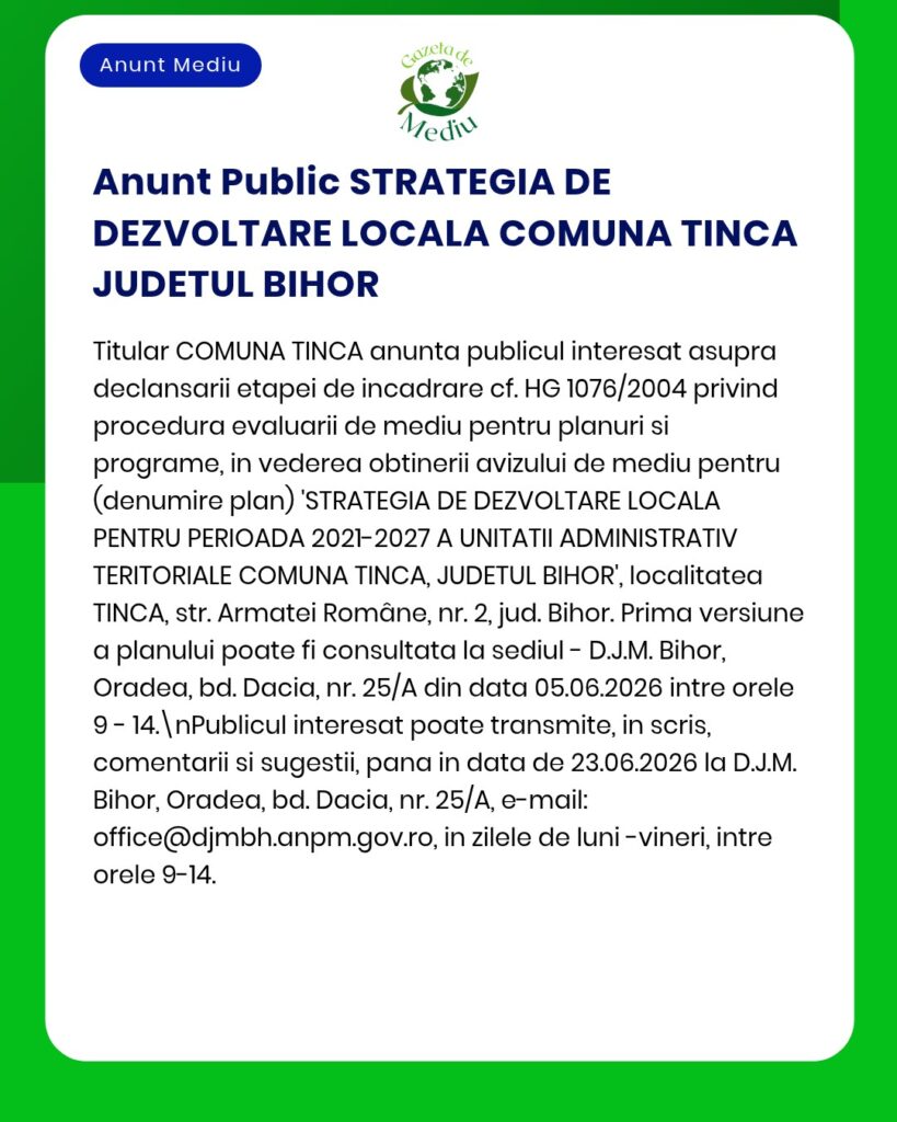 Strategie de dezvoltare locală pentru comuna Tinca, județul Bihor, cu detalii despre plan.
