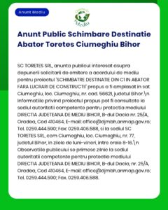 SC TORETES SRL solicită avizul de mediu pentru relocarea unui abator în Ciumeghiu, județul Bihor.