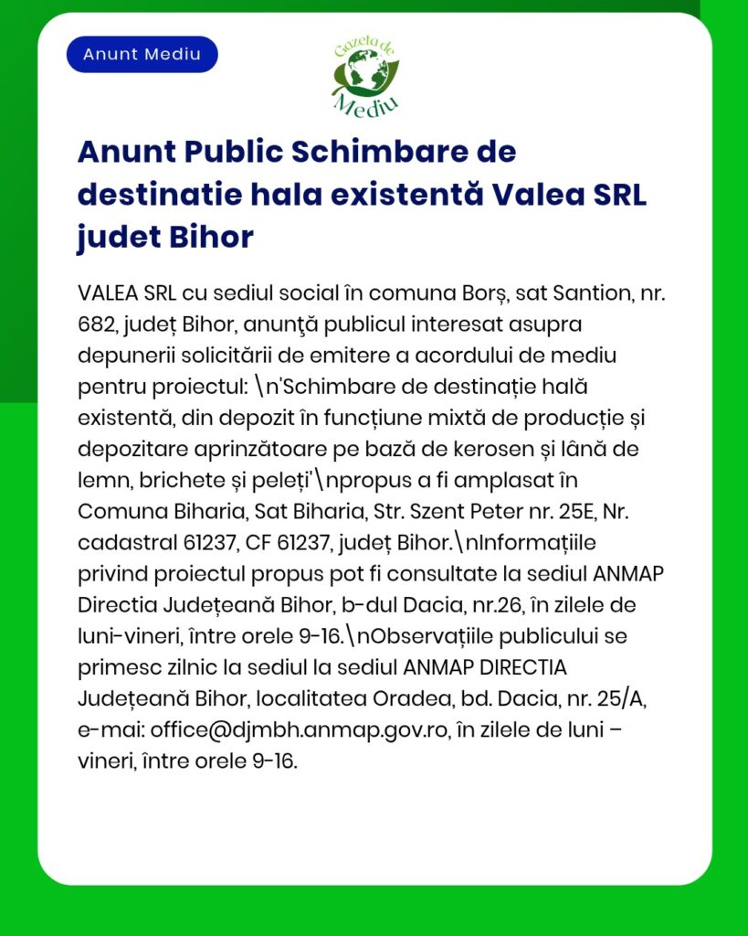 Anunț privind schimbarea locației de funcționare pentru Valea SRL, Bihor, cu detalii despre procedurile avizului de mediu.