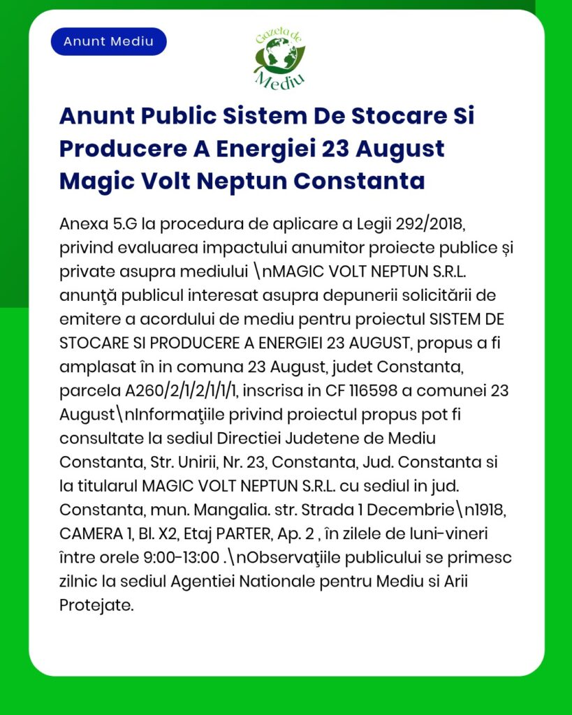 Dezbatere publică privind proiectul MAGIC VOLT NEPTUN S.R.L. pentru un sistem de stocare și producție de energie, Constanța, 23 august 2023.