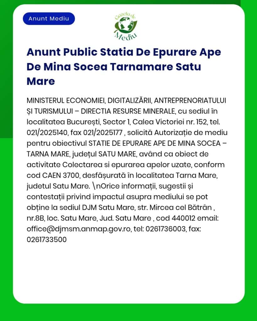 Anunț privind autorizarea stației de tratare a apei Tărnămare, Satu Mare, emis de Ministerul Economiei și reglementări relevante.