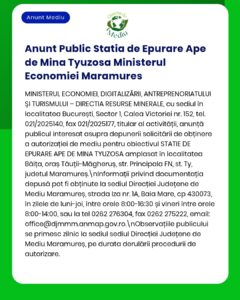 Cerere de autorizație de mediu pentru stația de tratare a apei Tyuza Mining din Băița, Maramureș.