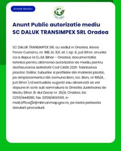 SC DALUK TRANSIMPEX SRL Oradea anunță solicitarea avizului de mediu pentru producția de panouri și produse conexe.