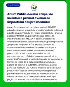 Anunț privind etapele evaluării impactului asupra mediului, emis de APM.