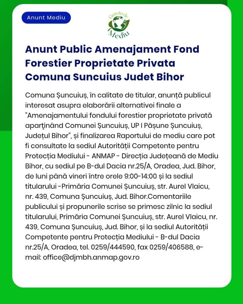 Anunt Public Amenajament Fond Forestier Proprietate Privata Comuna Sun