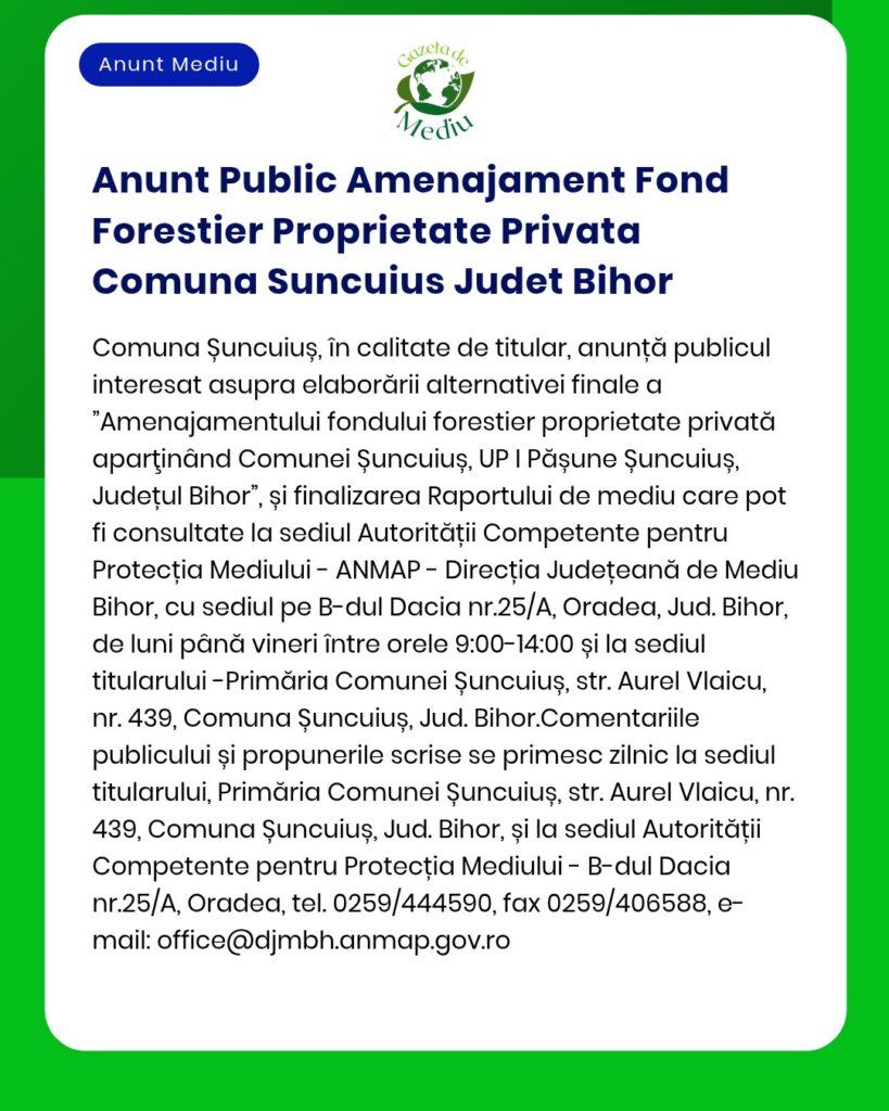 Anunt Public Amenajament Fond Forestier Proprietate Privata Comuna Sun