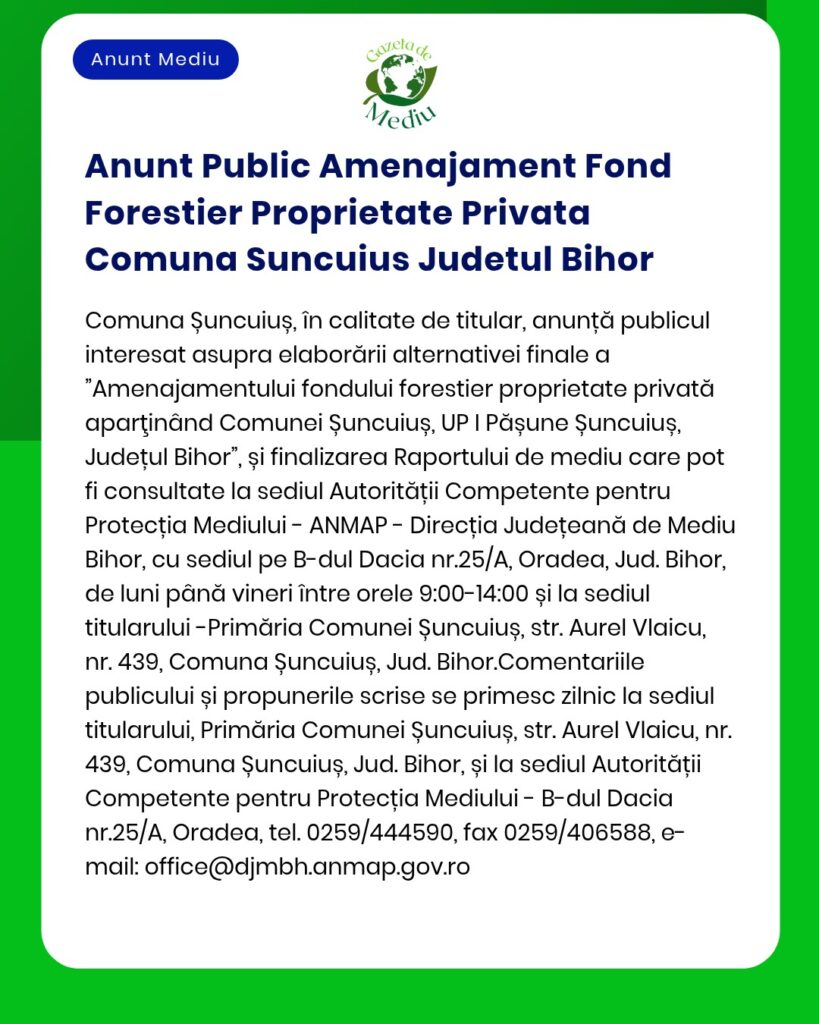 Anunt Public Amenajament Fond Forestier Proprietate Privata Comuna Sun